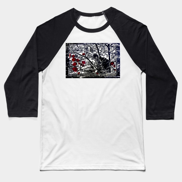 Poppy on the Deck-Woodcut Baseball T-Shirt by BillyLee